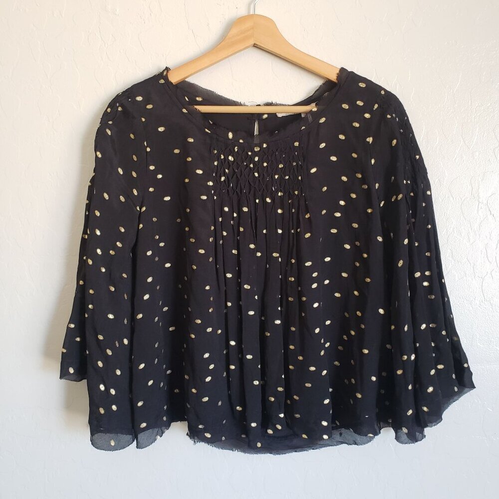 Anthropologie Floreat Everafter Polka Dot Bell Sleeve Top Black/Gold Women's XS